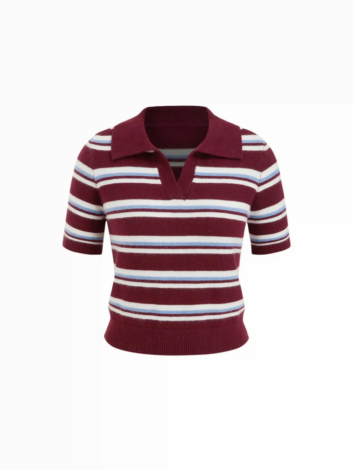 Knit Collar Striped Colorblock Middle Sleeve Top