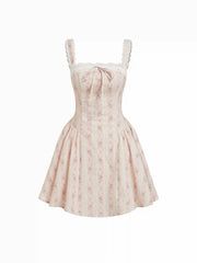 Cotton Floral Stripe Square Neck Lace Trim Bowknot Flared Mini Dress