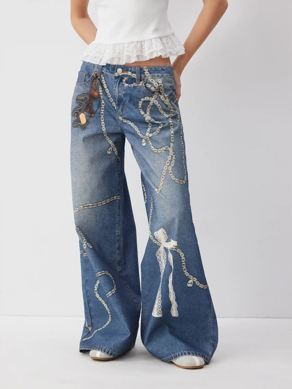 Cider Denim Low Rise Diamond & Lace Graphic Wide Leg Jeans With Hanging
