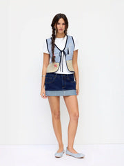 Knit Cotton-blend Beach Scenery Graphic Embroidery Tie Front Vest