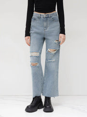 Petite High Waist Ripped Straight Leg Jeans