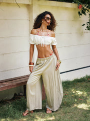 Linen-blend Off-shoulder Puff Sleeve Tie Front Crop Blouse
