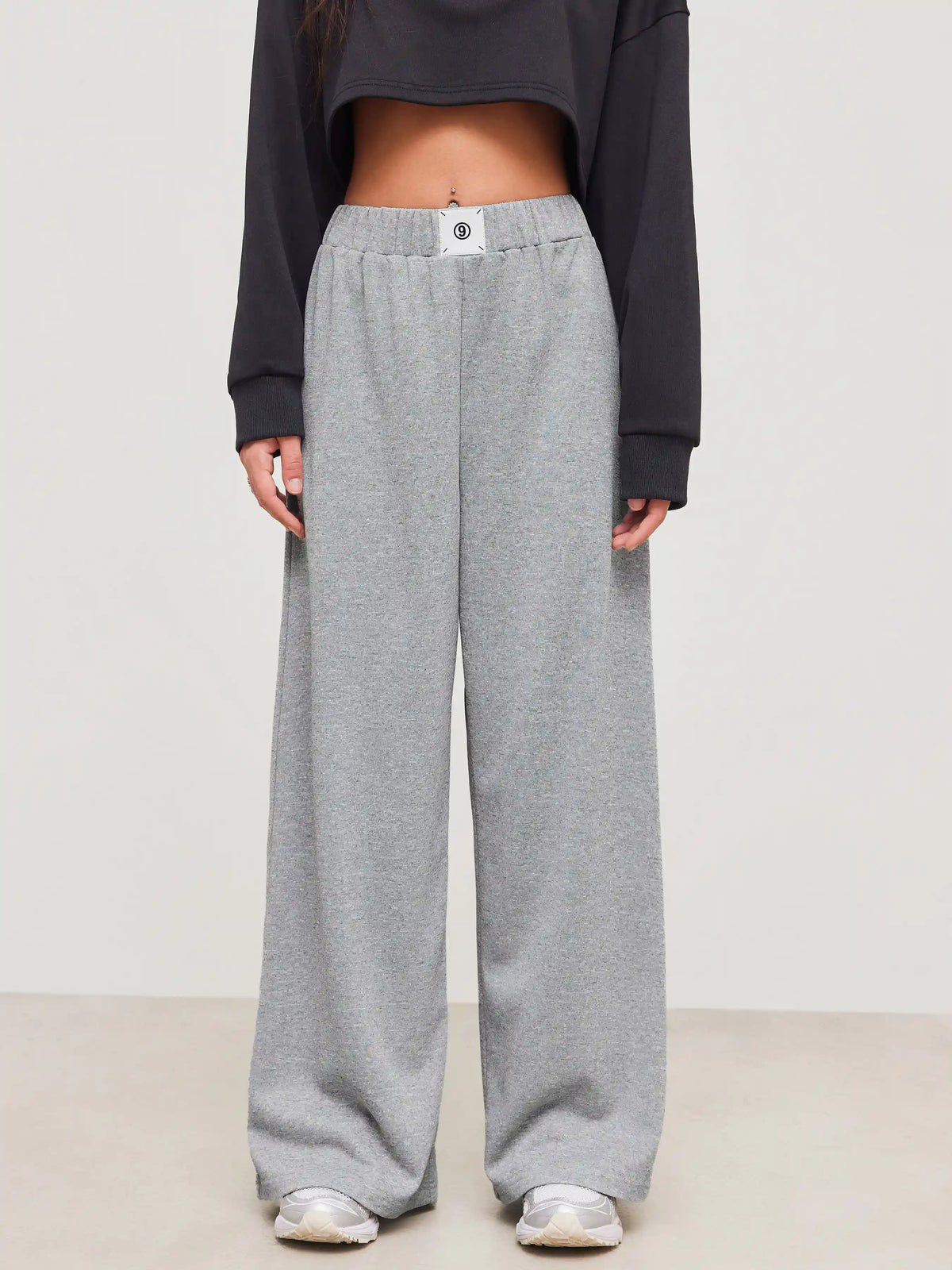 Terry Mid Rise Elastic Waist Wide Leg Trousers