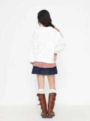 Two Tone Cotton Asymmetrical Neck Cherry Graphic Gingham Knotted Sweatshirt
