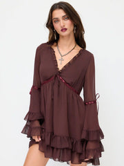 Chiffon V-neck Lettuce Trim Bowknot Ruffle Mini Dress