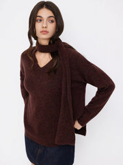 Knit Wool-blend V-neck Long Sleeve Oversized Top With Scarf