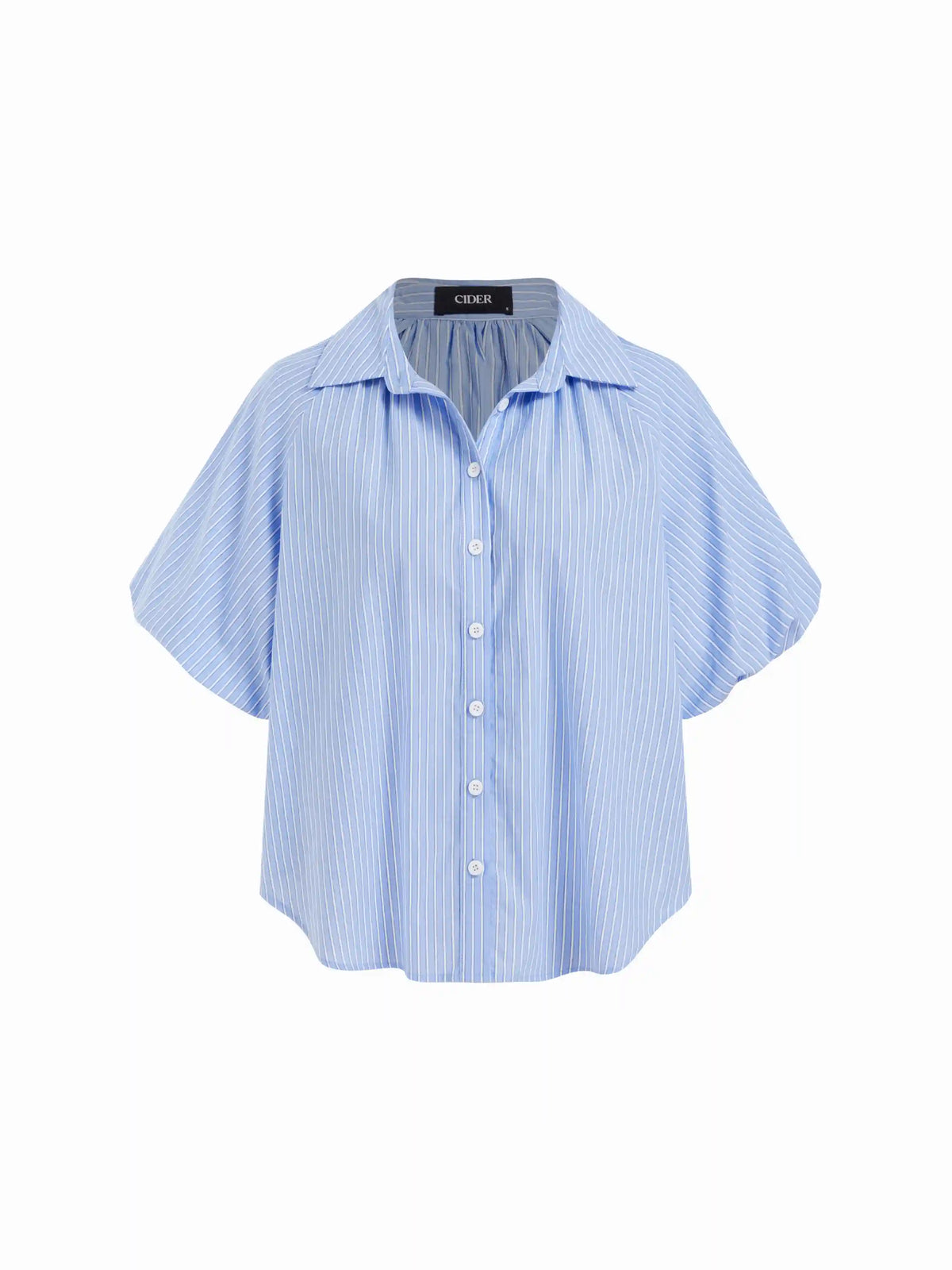 Cotton Striped Ruched Lantern Sleeve Blouse