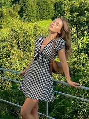 Cotton V-neck Puff Sleeve Twist Knotted Gingham A-line Mini Dress