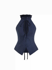 Mandarin Collar Stripe Cut Out Tie Back Top