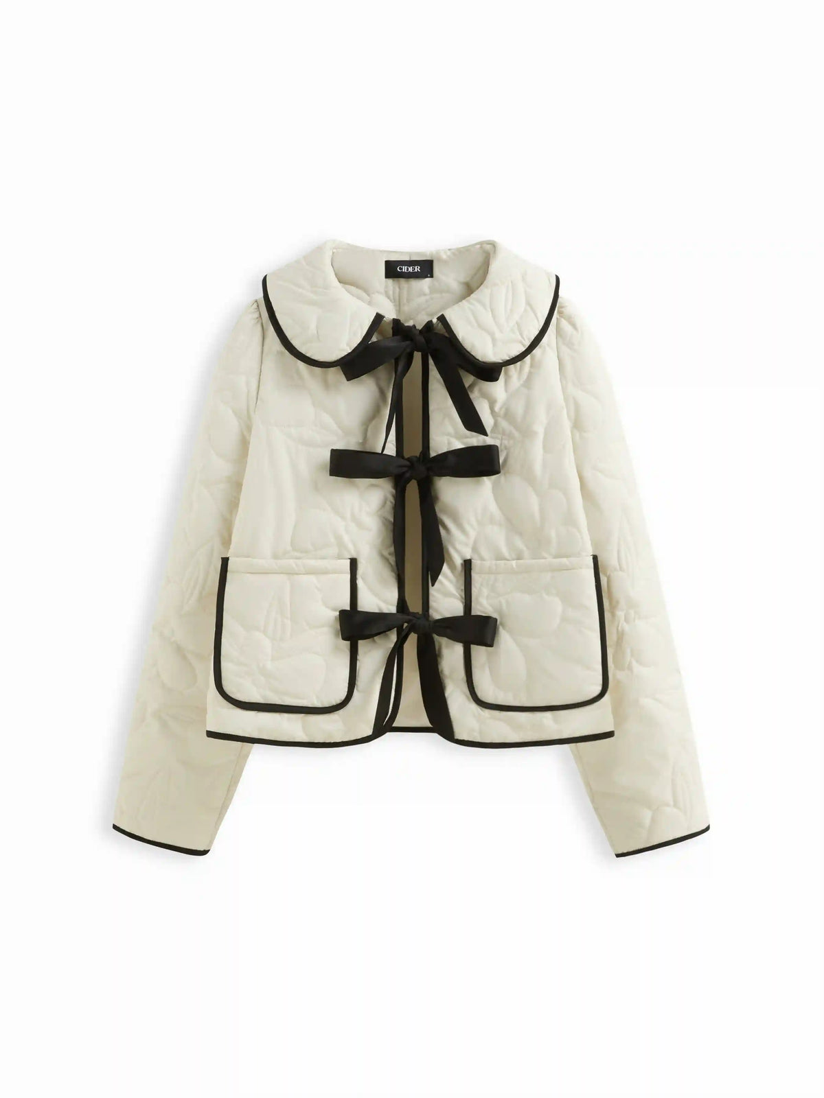 Peter Pan Collar Tie Front Bow Contrasting Binding Floral Quilted Oversized Puffer Jacket