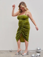 Solid Velvet Corset Ruched Midi Dress Curve & Plus