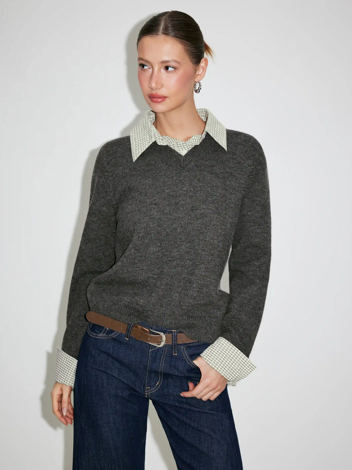 Knit Collar Check Two Tone Button Top