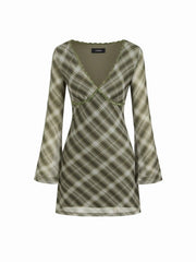 V-Neck Plaid Lace Trim Bell Sleeve Mini Dress