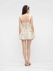 Linen-blend Floral Broderie Anglaise Trim Layered Lace Up Mini Dress