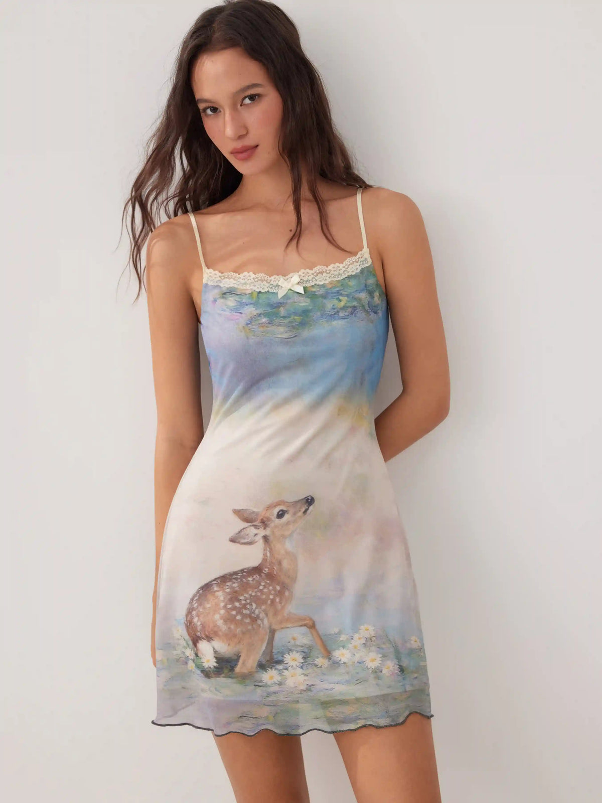 Mesh Deer Graphic Scoop Neck Lace Trim Bowknot Flared Mini Dress