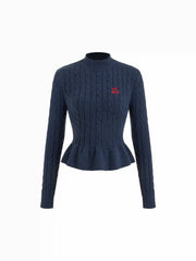 Cable Knit Stand Collar Cherry Embroidery Peplum Sweater