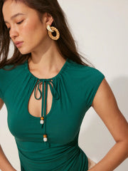 Raglan Sleeve Drawstring Scoop Neck Metallic Decor Tee