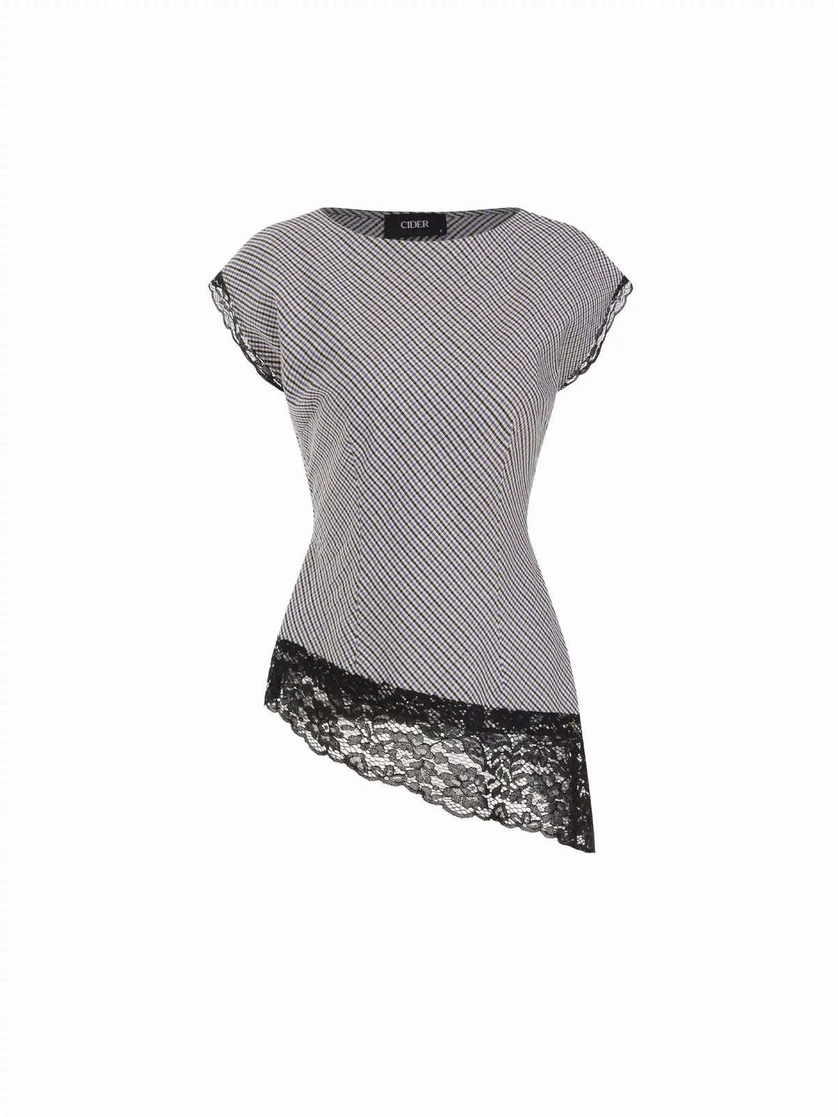 Cotton-blend Checks Lace Panel Asymmetrical Hem Short Sleeve Blouse