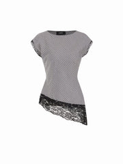 Cotton-blend Checks Lace Panel Asymmetrical Hem Short Sleeve Blouse