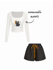 Halloween Moon Cat Graphic Top With Removable Padding & Mid Rise Star Drawstring Shorts Lounge Set