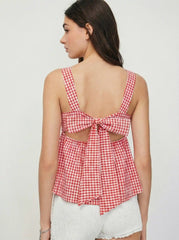 Cotton-blend Gingham Square Neck Bowknot A-line Cami Top