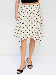Mid Rise Polka Dot Twist Knotted Hanky Hem Midi Skirt