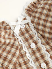 Cotton-blend Plaid Pleated Shirred Lettuce Trim Bandeau Crop Top