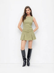 Boat Neck Houndstooth Mini Dress With Belt