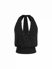 Halter Neck Crossover Metal Detail Backless Top