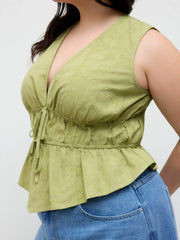 Cotton-blend V-neck Tie Front Shirred Blouse Curve & Plus