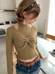 Knit V-neck Bowknot Crop Top & Knit High Neck Top