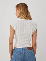 Textured V-neck Short Sleeve Lace Trim Pearl Button Blouse