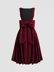 Velvet Boat Neck Bowknot Backless Midi Dress