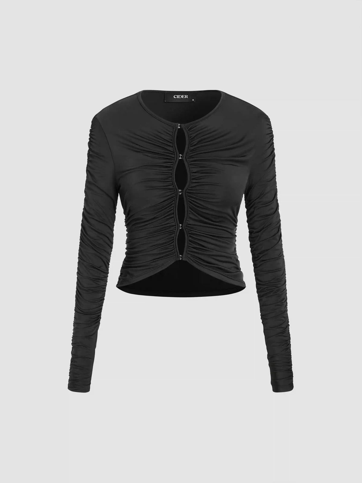 Round Neck Cut Out Ruched Long Sleeve Top