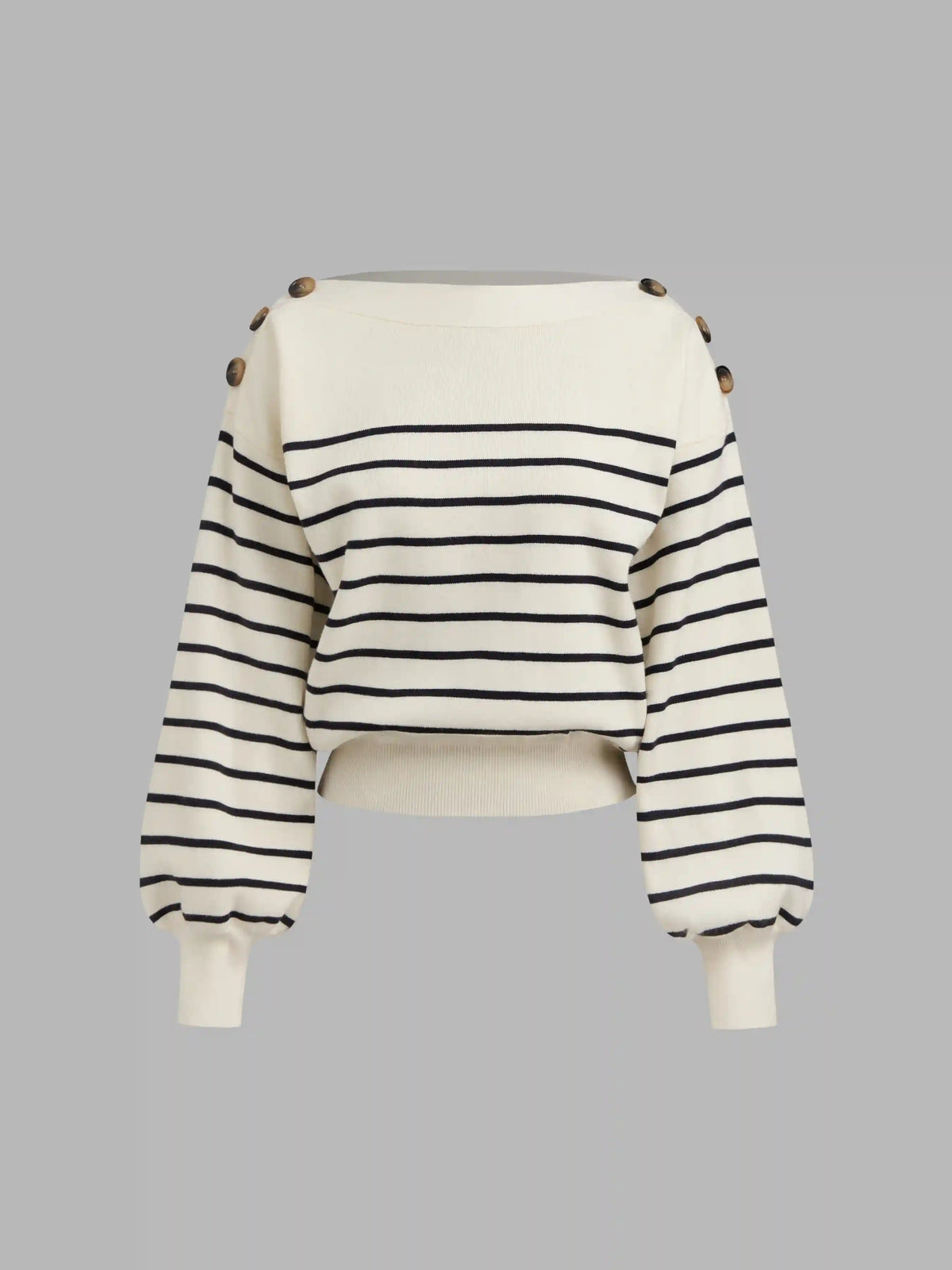 Knit Boat Neck Striped Button Long Sleeve Top
