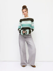 Knit Wool-blend Striped Round Neckline Bell Sleeve Crop Top