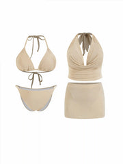 V-neck Halter Triangle Bikini Set With Cover Up Set Curve & Plus