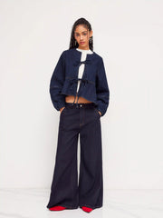 Denim Round Neckline Tie Front Ruffle Hem Jacket