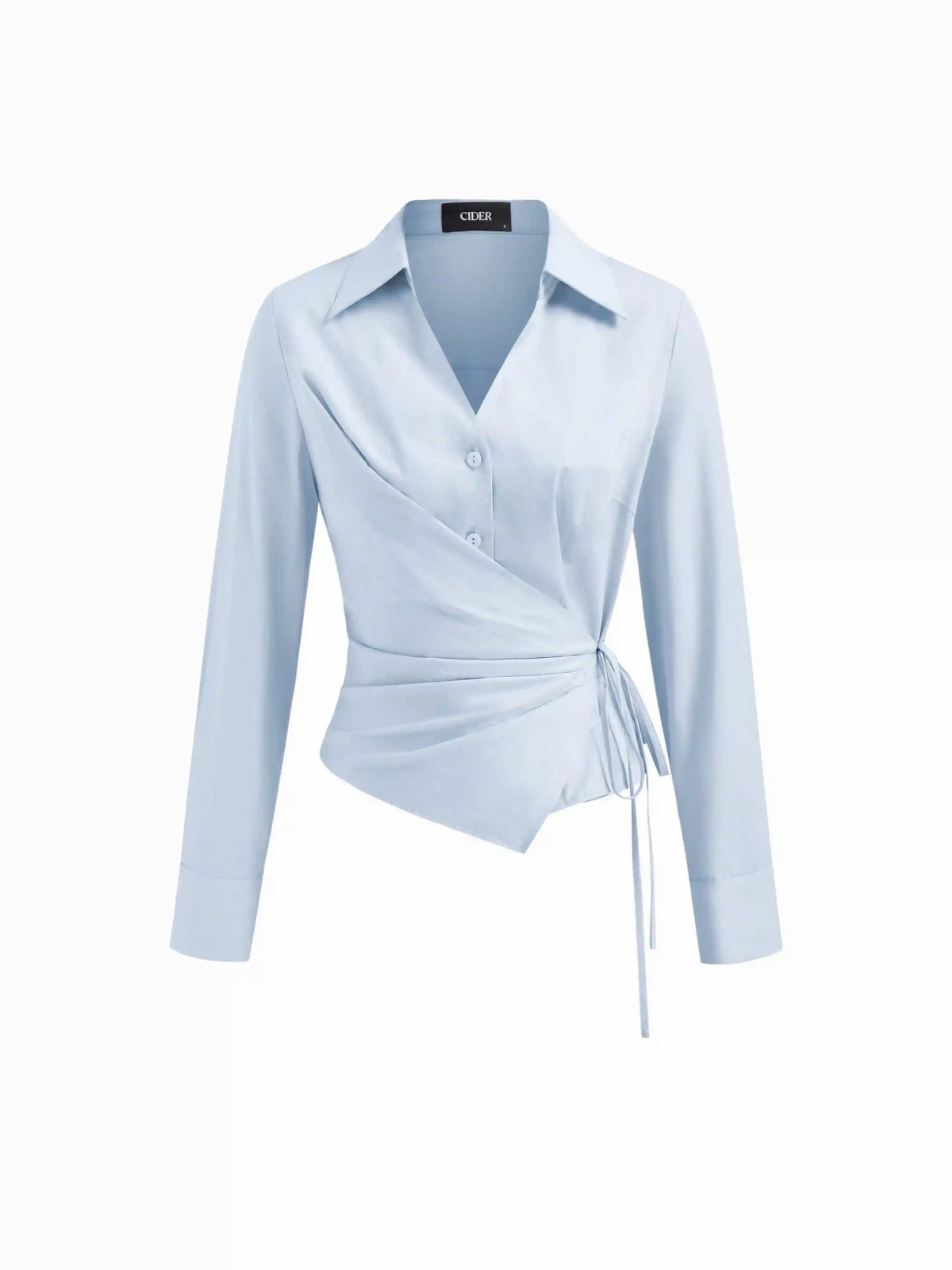 Cotton-blend Collar V-neck Long Sleeve Wrap Tie Side Shirt