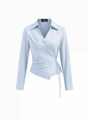 Cotton-blend Collar V-neck Long Sleeve Wrap Tie Side Shirt