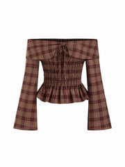 Plaid Off-Shoulder Bell Sleeve Bowknot Shirred Crop Blouse