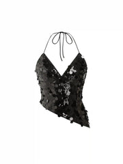 Sequin V-Neck Halter Neckline Asymmetrical Hem Top
