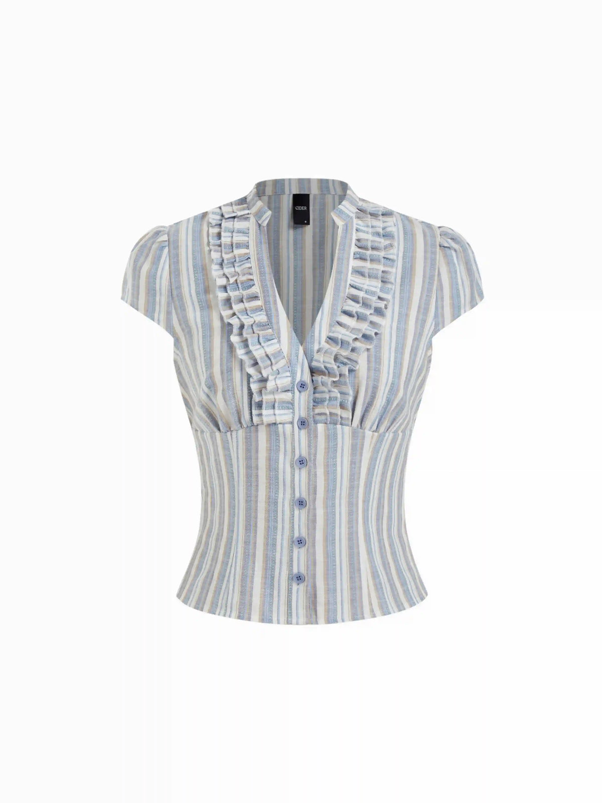Linen-blend V-neck Striped Ruffled Blouse