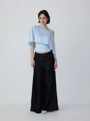 Satin Asymmetrical Neck Short Sleeve Cape Blouse