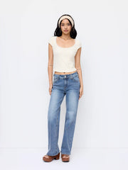 Washed Denim Low Rise Straight Leg Jeans
