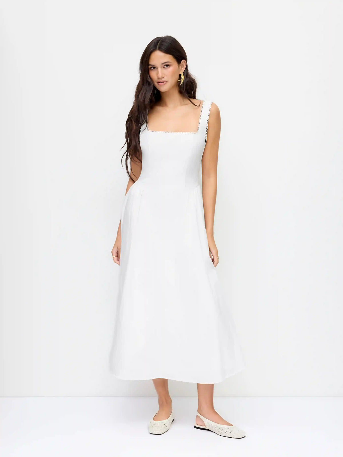 Cotton-blend Square Neck Lace Trim Bowknot Flared Maxi Cami Dress