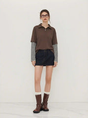 Collar Long Sleeve Striped Oversized Top