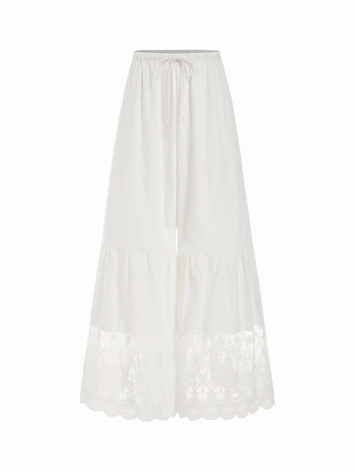 Mid Rise Drawstring Lace Trim Wide Leg Trousers