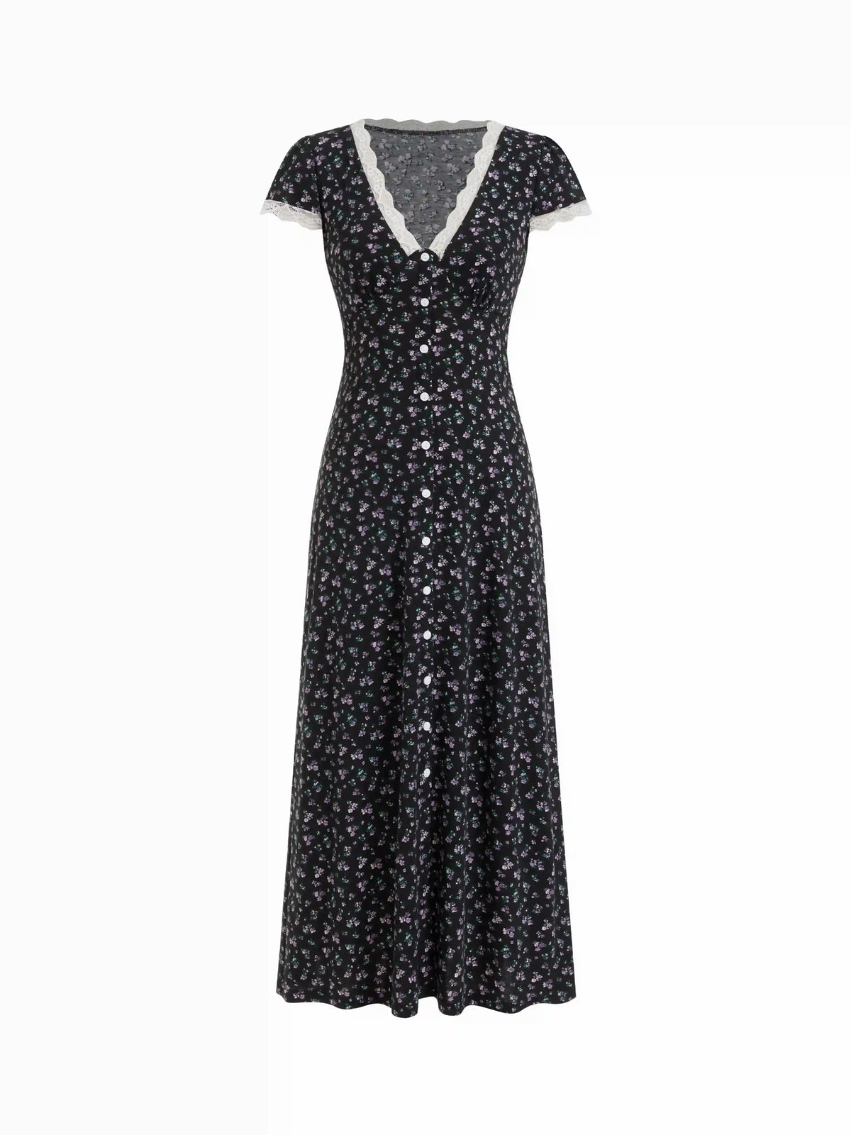 Floral V-neck Short Sleeve Lace Trim Button Maxi Dress