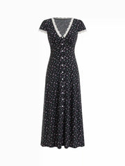 Floral V-neck Short Sleeve Lace Trim Button Maxi Dress